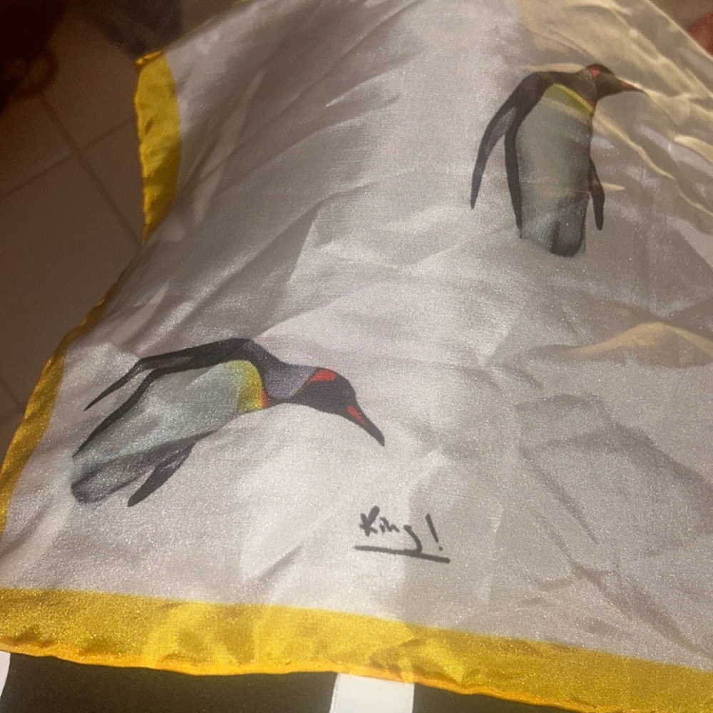 Penguin Signed SILK  scarf NWOT. Beautiful penguin Art
